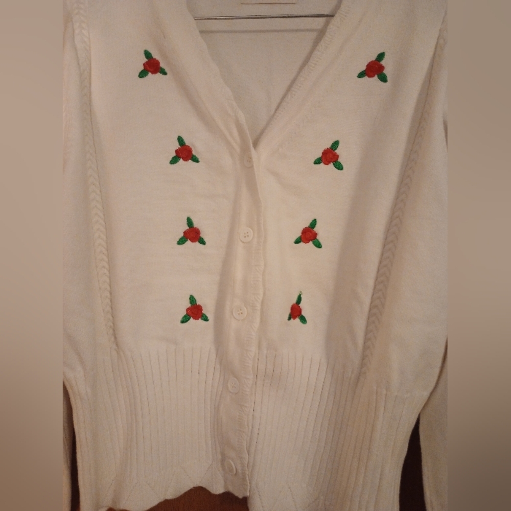 Women's white cropped knit cardigan red floral embellishments button front